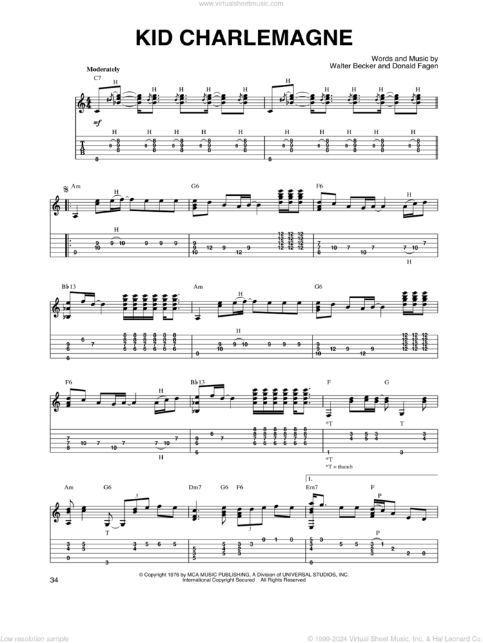 Kid Charlemagne sheet music for guitar solo by Steely Dan, Donald Fagen and Walter Becker, intermediate skill level