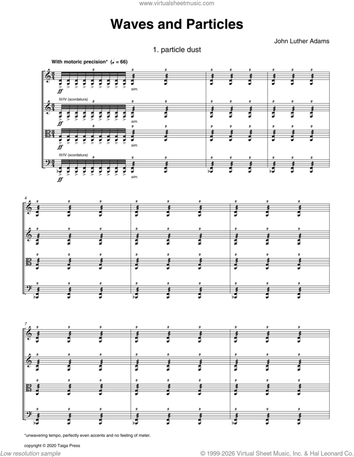 Waves And Particles sheet music for string quartet (violin, viola, cello) by John Luther Adams, classical score, intermediate skill level