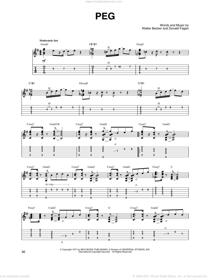 Peg sheet music for guitar solo by Steely Dan, Donald Fagen and Walter Becker, intermediate skill level