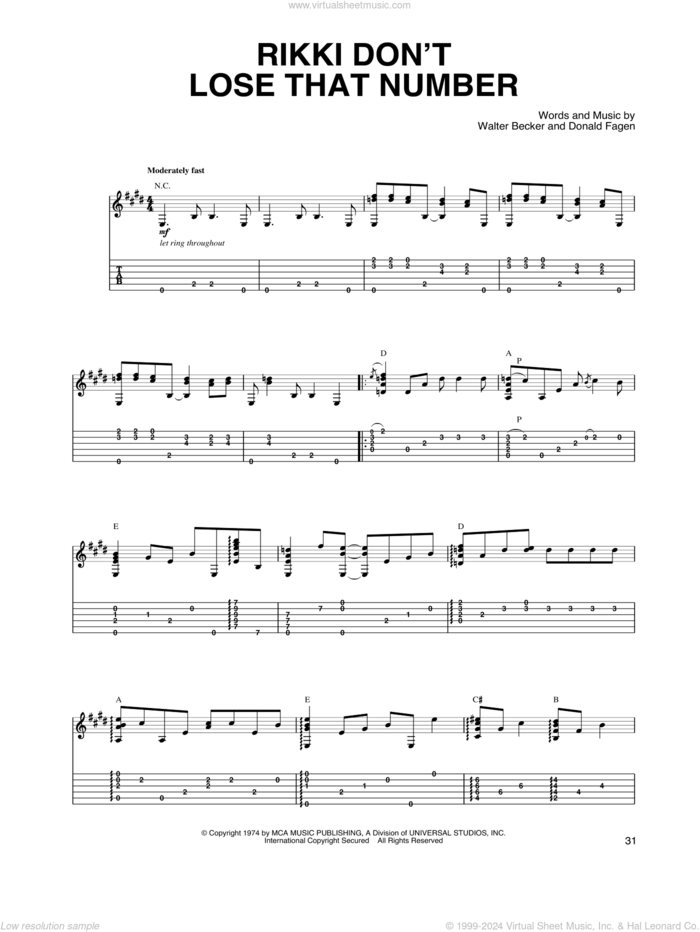 Rikki Don't Lose That Number sheet music for guitar solo by Steely Dan, Donald Fagen and Walter Becker, intermediate skill level