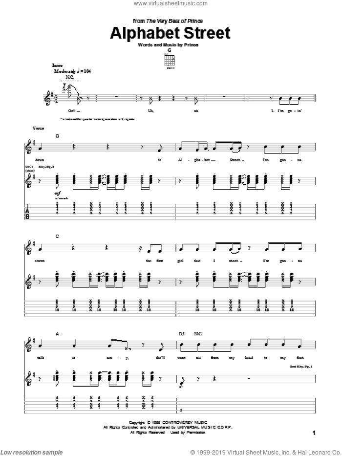 Alphabet Street sheet music for guitar (tablature) by Prince, intermediate skill level