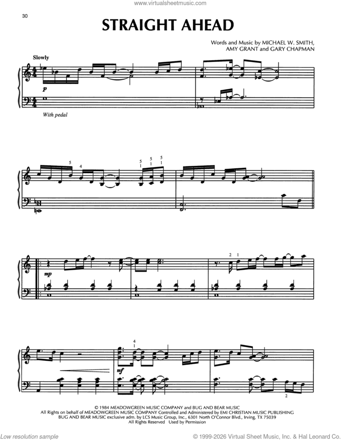 Straight Ahead sheet music for piano solo by Amy Grant, Gary Chapman and Michael W. Smith, intermediate skill level