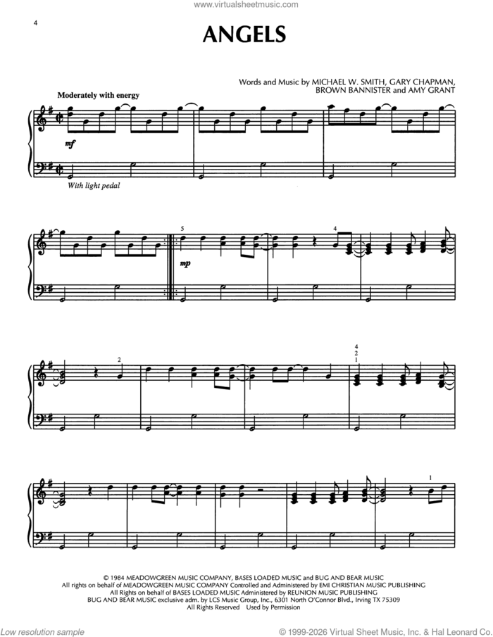 Angels, (intermediate) sheet music for piano solo by Amy Grant, Brown Bannister, Gary Chapman and Michael W. Smith, intermediate skill level