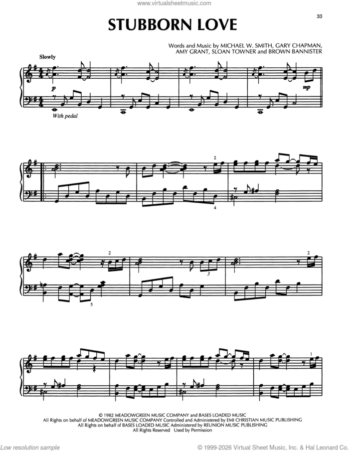 Stubborn Love sheet music for piano solo by Michael W. Smith, Amy Grant, Brown Bannister, Gary Chapman and Sloan Towner, intermediate skill level