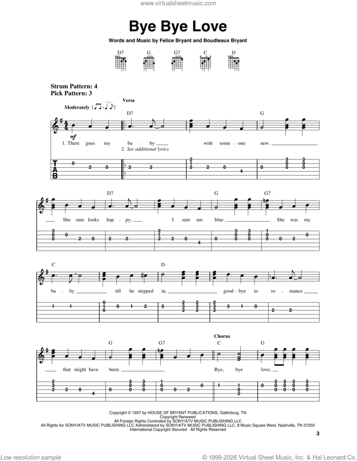 Bye Bye Love sheet music for guitar solo (easy tablature) by The Everly Brothers, Boudleaux Bryant and Felice Bryant, easy guitar (easy tablature)