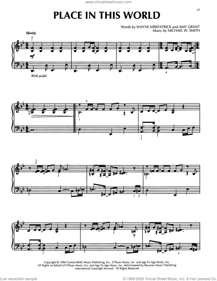 Place In This World sheet music for piano solo by Michael W. Smith, Amy Grant and Wayne Kirkpatrick, intermediate skill level