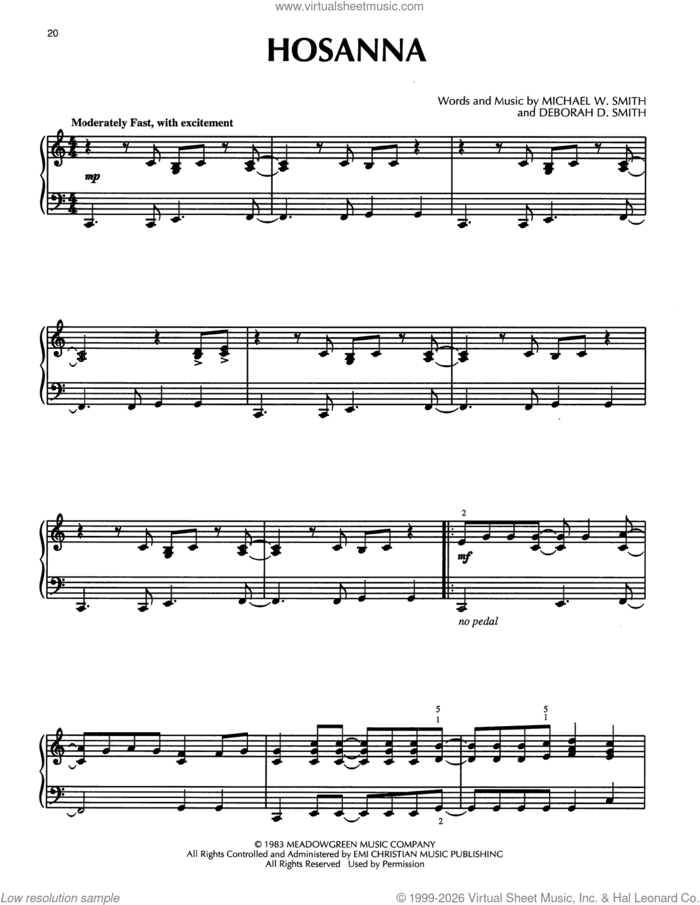 Hosanna sheet music for piano solo by Michael W. Smith and Deborah D. Smith, intermediate skill level