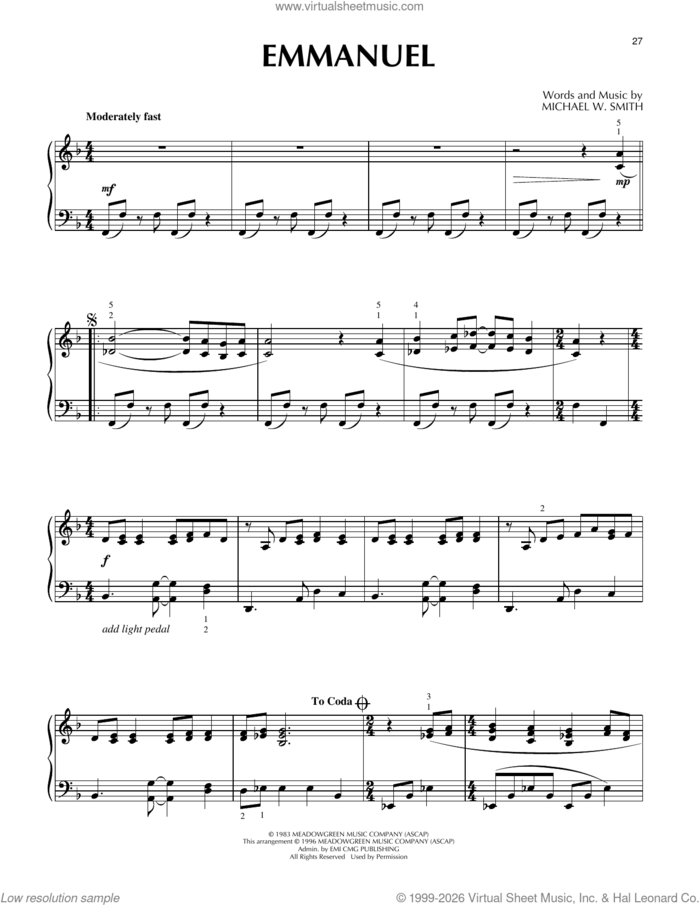 Emmanuel sheet music for piano solo by Michael W. Smith, intermediate skill level
