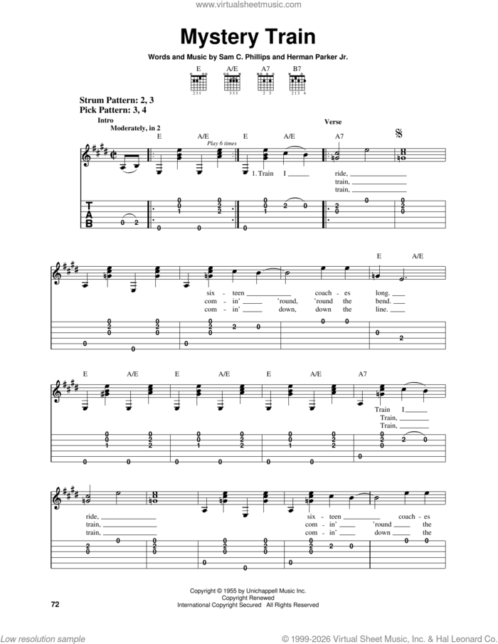 Mystery Train sheet music for guitar solo (easy tablature) by Elvis Presley, Herman Parker Jr and Sam C. Phillips, easy guitar (easy tablature)