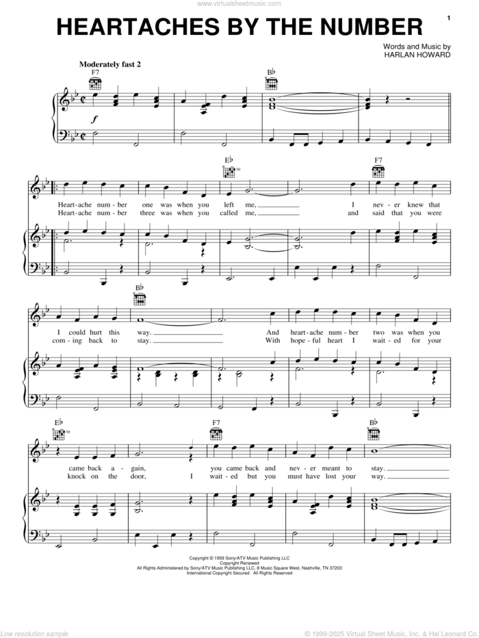 Heartaches By The Number sheet music for voice, piano or guitar by Harlan Howard, Guy Mitchell and Ray Price, intermediate skill level