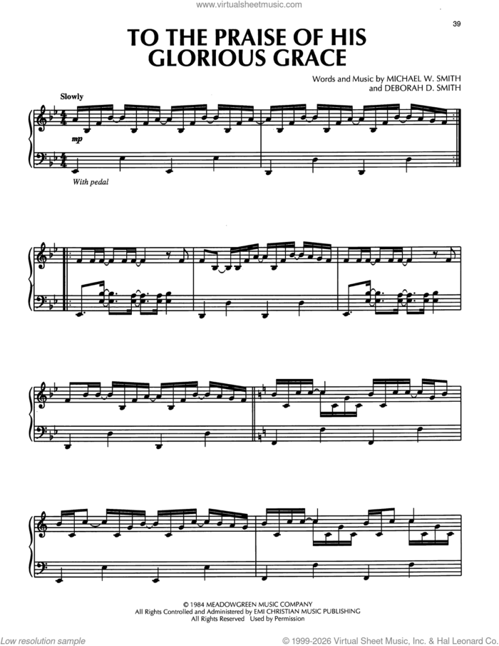 To The Praise Of His Glorious Grace sheet music for piano solo by Michael W. Smith and Deborah D. Smith, intermediate skill level