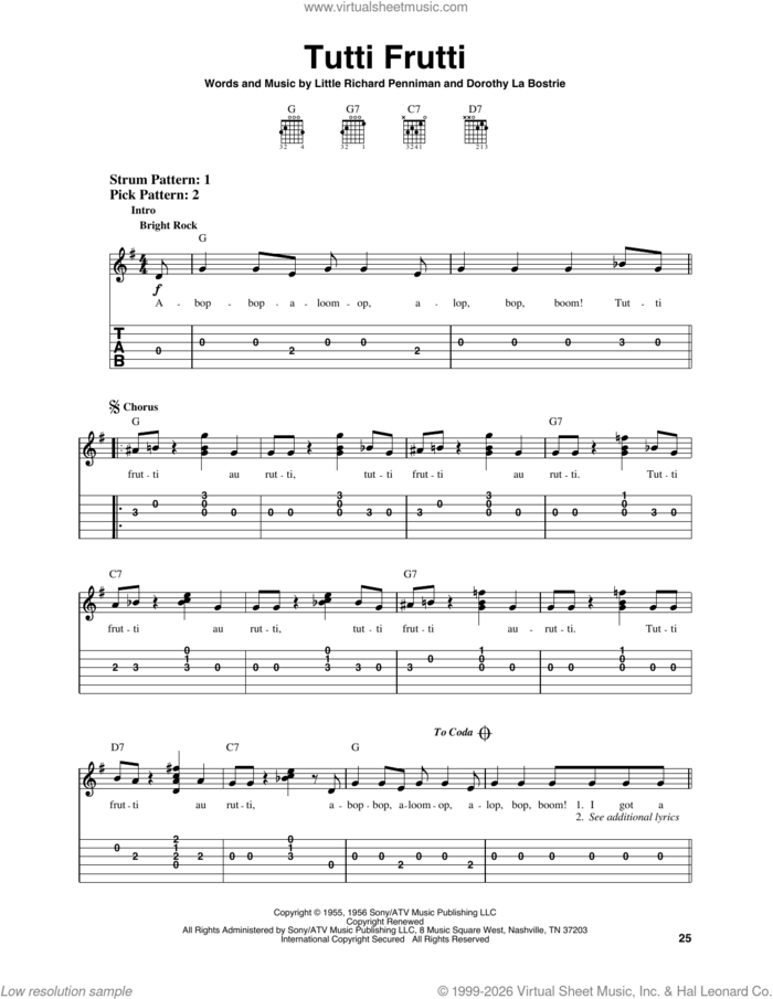 Tutti Frutti sheet music for guitar solo (easy tablature) by Little Richard, Pat Boone, Dorothy La Bostrie and Richard Penniman, easy guitar (easy tablature)