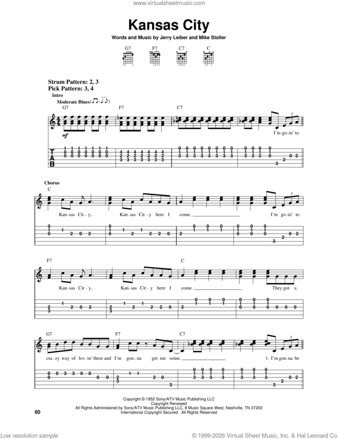 Kansas City sheet music for guitar solo (easy tablature) by Wilbert Harrison, The Beatles, Jerry Leiber and Mike Stoller, easy guitar (easy tablature)