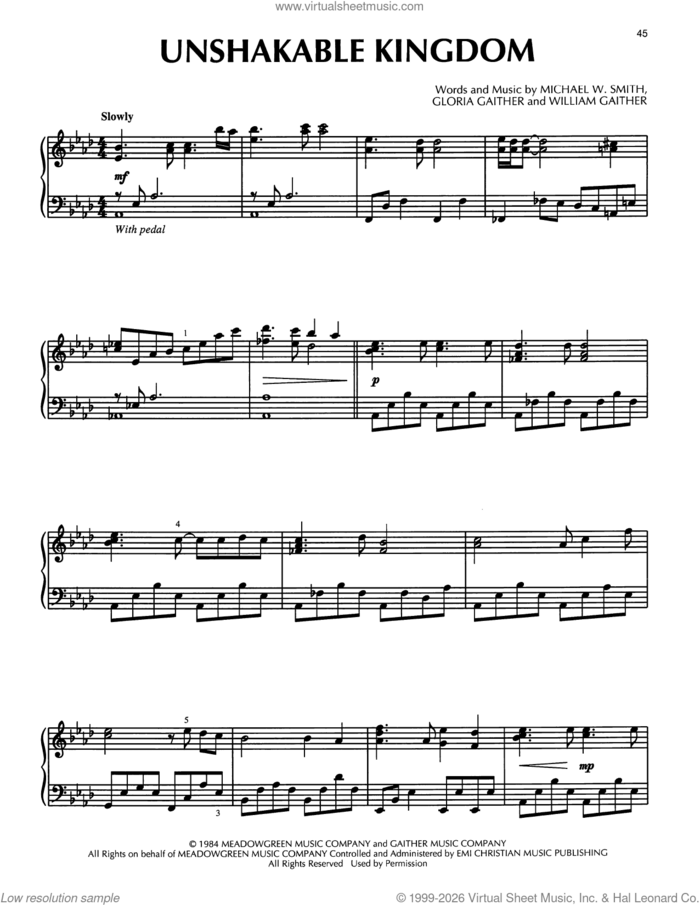 Unshakable Kingdom sheet music for piano solo by Sandi Patty, Gloria Gaither, Michael W. Smith and William Gaither, intermediate skill level