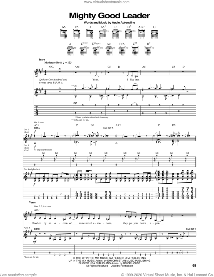 Mighty Good Leader sheet music for guitar (tablature) by Audio Adrenaline, Ben Cissell, Bob Herdman, Mark Stuart, Tyler Burkum and Will McGinniss, intermediate skill level