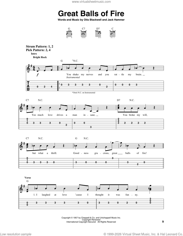 Great Balls Of Fire sheet music for guitar solo (easy tablature) by Jerry Lee Lewis, Jack Hammer and Otis Blackwell, easy guitar (easy tablature)