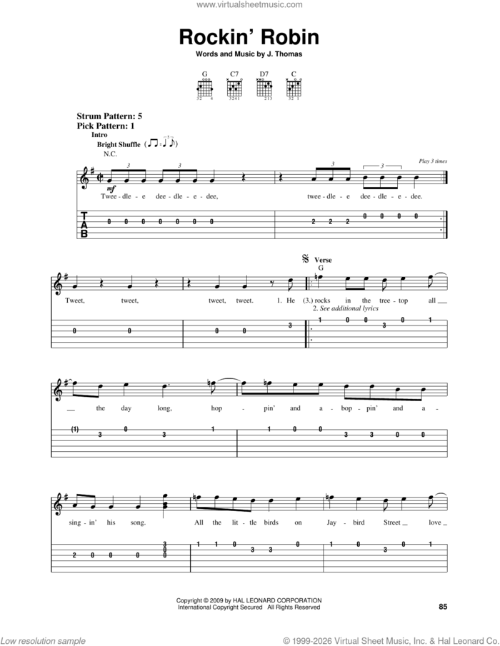 Rockin' Robin sheet music for guitar solo (easy tablature) by Michael Jackson, Bobby Day and Thomas Jimmie, easy guitar (easy tablature)