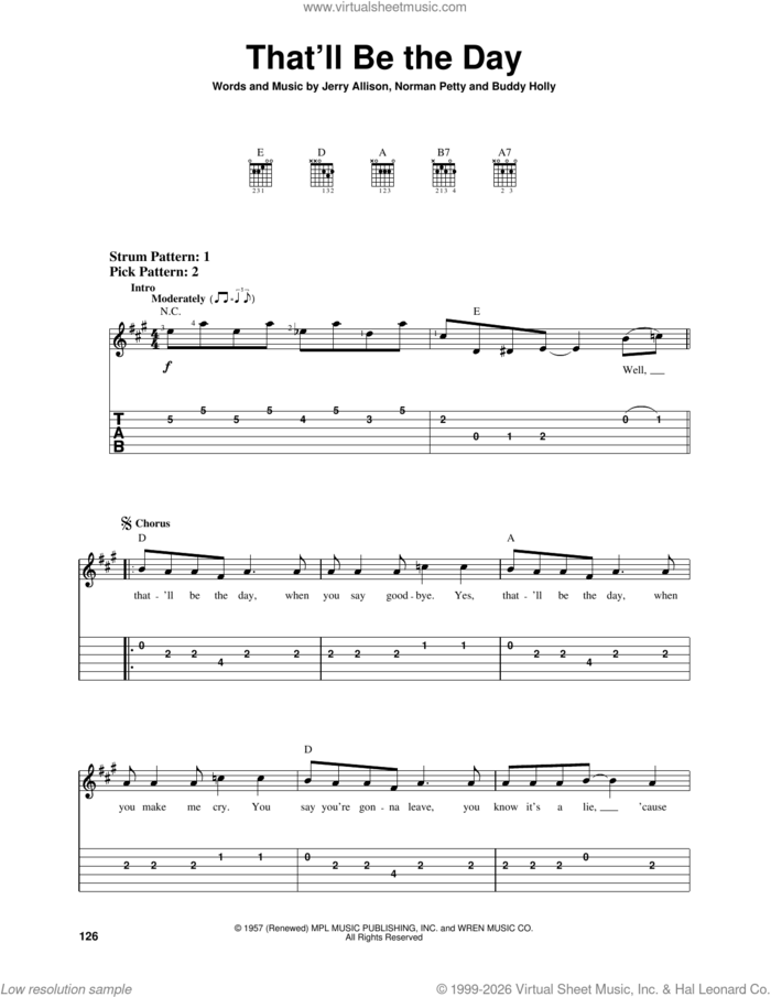 That'll Be The Day sheet music for guitar solo (easy tablature) by The Crickets, Buddy Holly, Jerry Allison and Norman Petty, easy guitar (easy tablature)