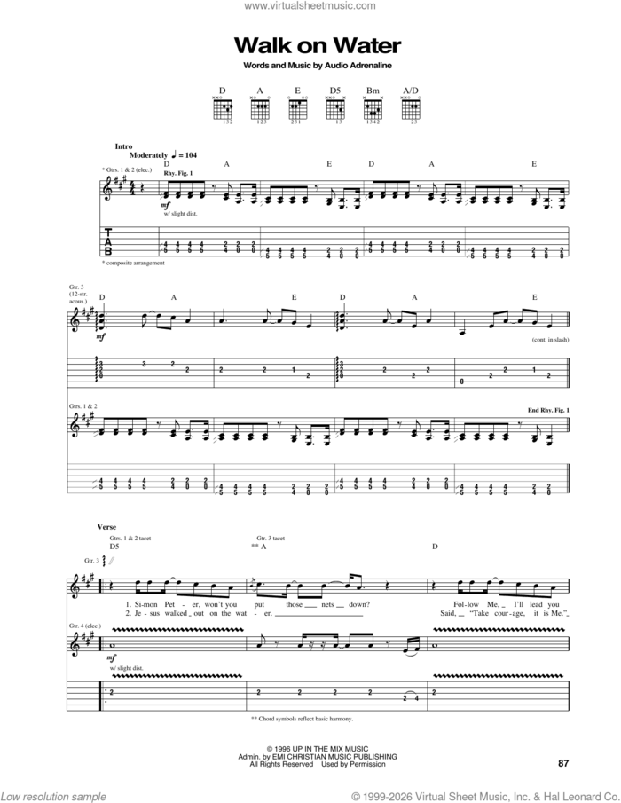 Walk On Water sheet music for guitar (tablature) by Audio Adrenaline, intermediate skill level