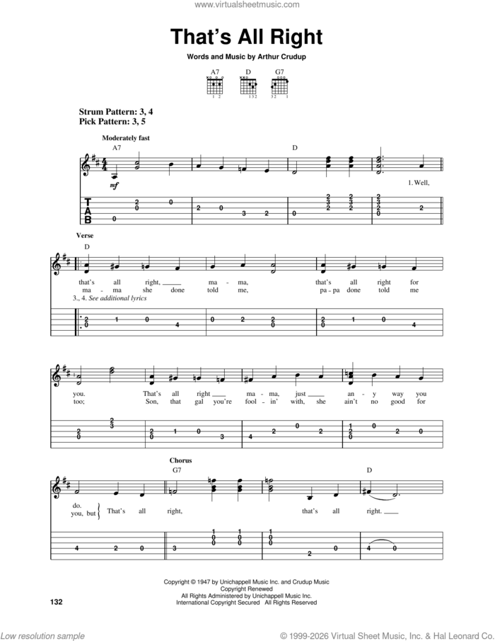 That's All Right sheet music for guitar solo (easy tablature) by Elvis Presley and Arthur Crudup, easy guitar (easy tablature)