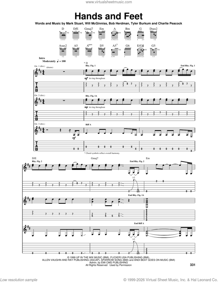 Hands And Feet sheet music for guitar (tablature) by Audio Adrenaline, Bob Herdman, Charlie Peacock, Mark Stuart, Tyler Burkum and Will McGinniss, intermediate skill level