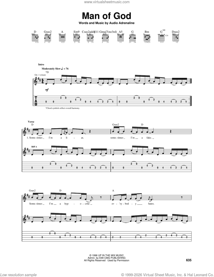 Man Of God sheet music for guitar (tablature) by Audio Adrenaline, intermediate skill level