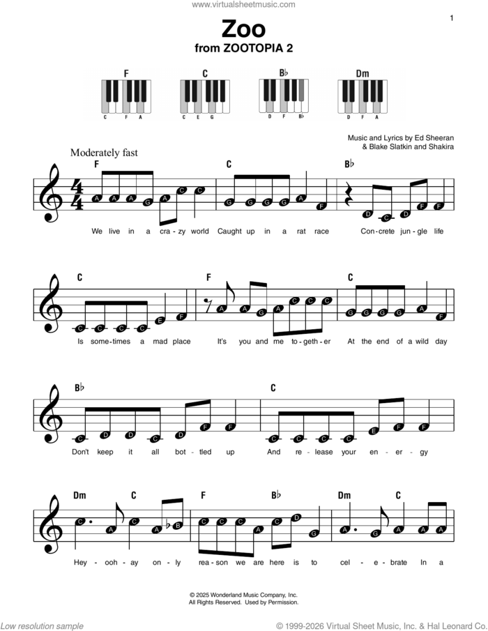 Zoo (from Zootopia 2) sheet music for piano solo by Shakira, Blake Slatkin and Ed Sheeran, beginner skill level