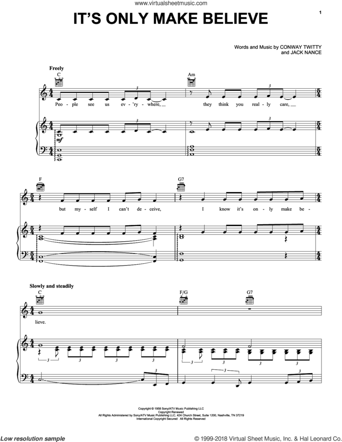 It's Only Make Believe sheet music for voice, piano or guitar by Conway Twitty and Jack Nance, intermediate skill level