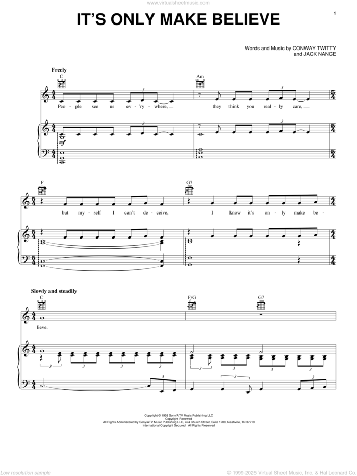 It's Only Make Believe sheet music for voice, piano or guitar by Conway Twitty and Jack Nance, intermediate skill level