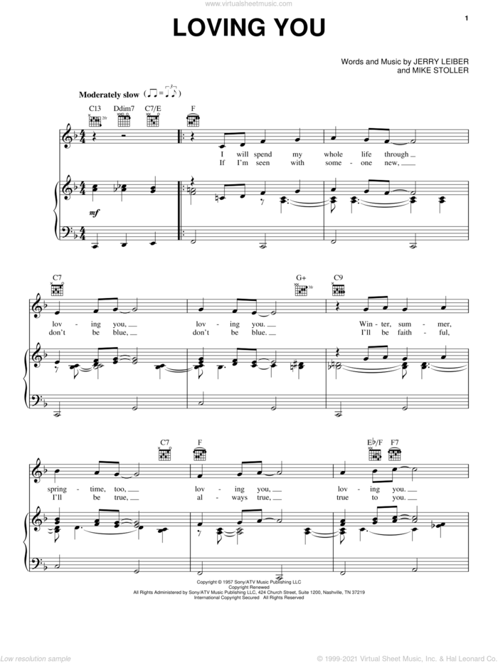 Loving You sheet music for voice, piano or guitar by Elvis Presley, Leiber & Stoller, Jerry Leiber and Mike Stoller, intermediate skill level