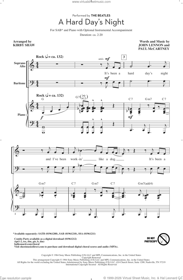 A Hard Day's Night (arr. Kirby Shaw) sheet music for choir (SAB: soprano, alto, bass) by The Beatles, Kirby Shaw, John Lennon and Paul McCartney, intermediate skill level