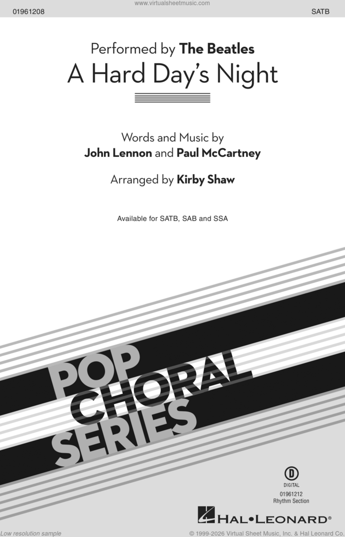 A Hard Day's Night (arr. Kirby Shaw) sheet music for choir (SATB: soprano, alto, tenor, bass) by The Beatles, Kirby Shaw, John Lennon and Paul McCartney, intermediate skill level