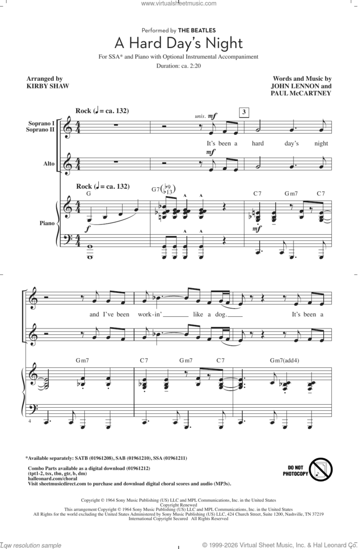A Hard Day's Night (arr. Kirby Shaw) sheet music for choir (SSA: soprano, alto) by The Beatles, Kirby Shaw, John Lennon and Paul McCartney, intermediate skill level