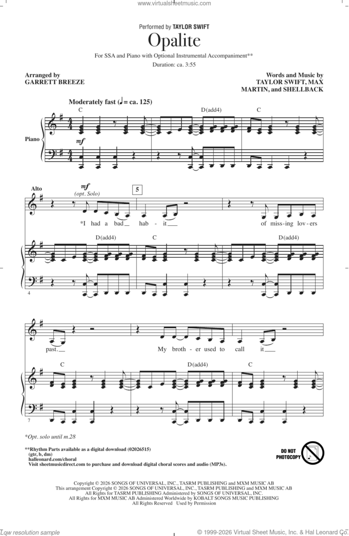 Opalite (arr. Garrett Breeze) sheet music for choir (SSA: soprano, alto) by Taylor Swift, Garrett Breeze, Max Martin and Shellback (aka Johan Schuster), intermediate skill level