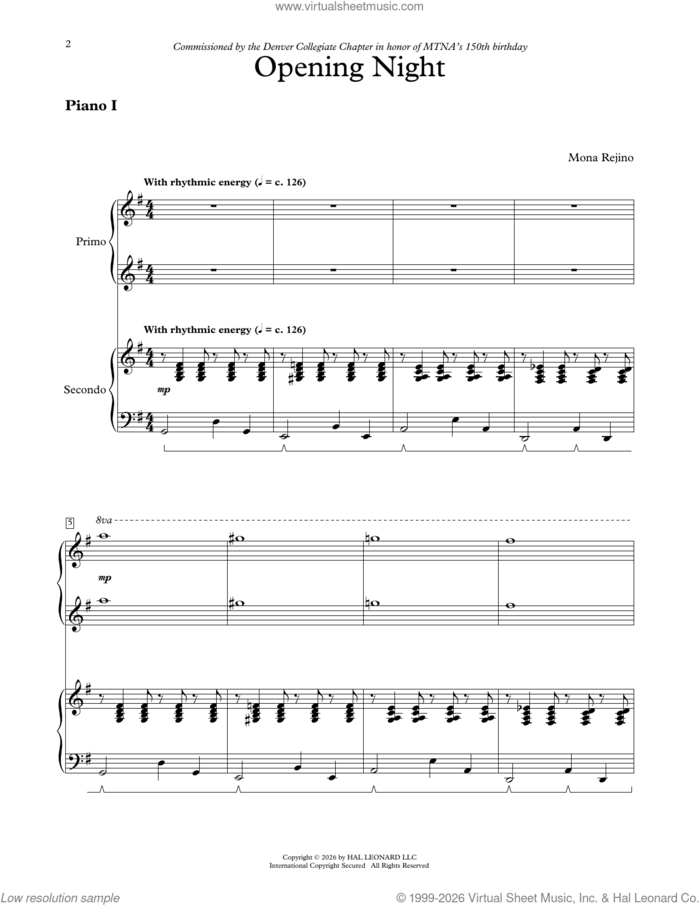 Opening Night sheet music for piano four hands by Mona Rejino, intermediate skill level