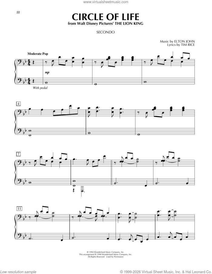 Circle Of Life (from The Lion King) sheet music for piano four hands by Elton John and Tim Rice, intermediate skill level