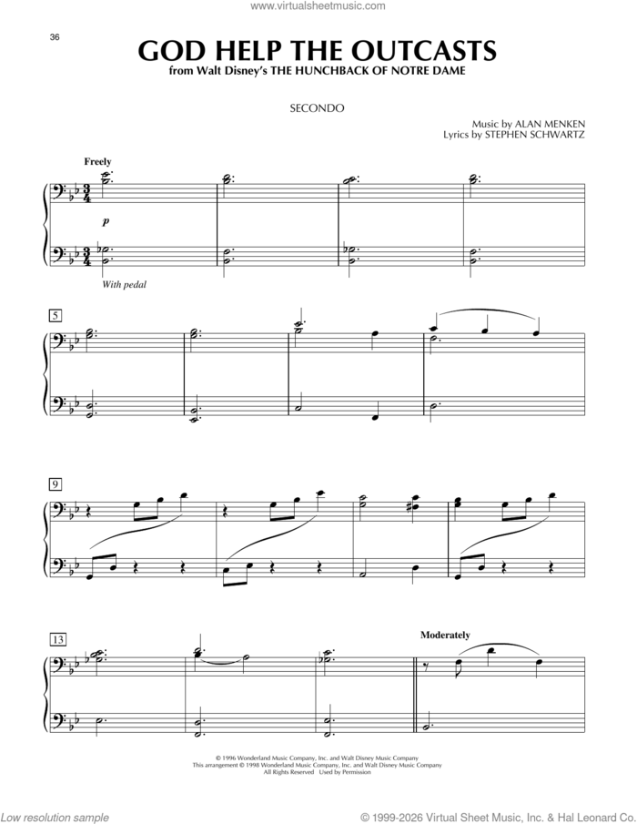 God Help The Outcasts (from The Hunchback of Notre Dame) sheet music for piano four hands by Bette Midler, Alan Menken and Stephen Schwartz, intermediate skill level