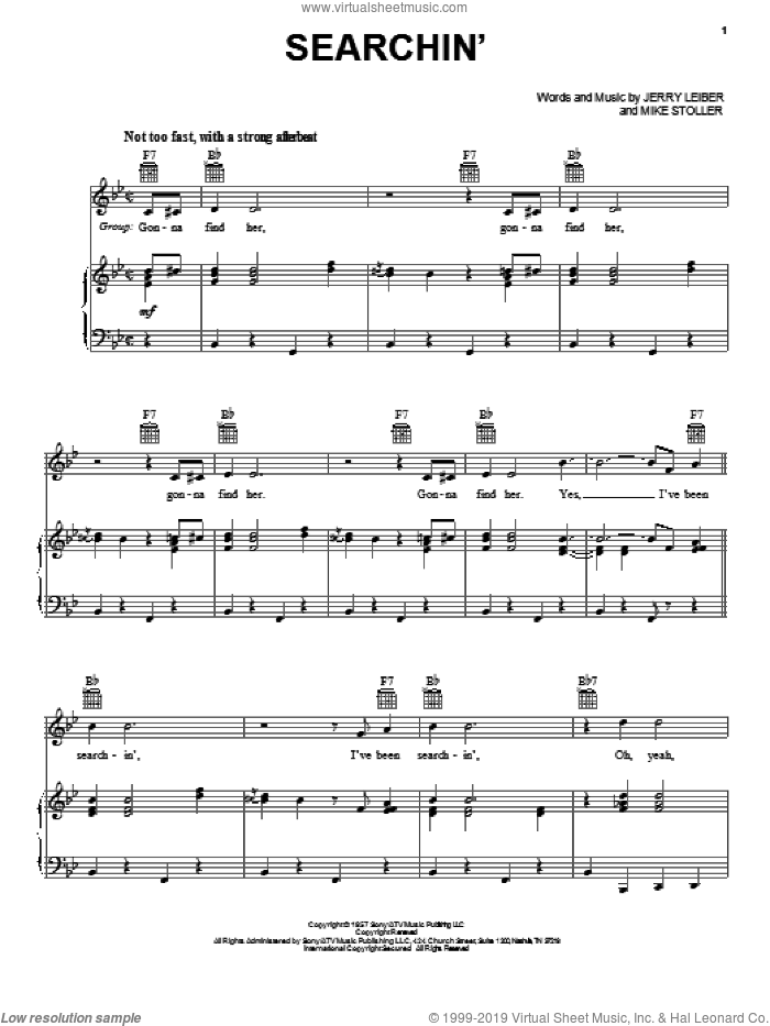 Searchin' sheet music for voice, piano or guitar by The Coasters, Leiber & Stoller, Sly & The Family Stone, The Hollies, Jerry Leiber and Mike Stoller, intermediate skill level