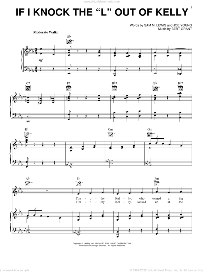 If I Knock The 'L' Out Of Kelly sheet music for voice, piano or guitar by Sam Lewis, Bert Grant and Joe Young, intermediate skill level