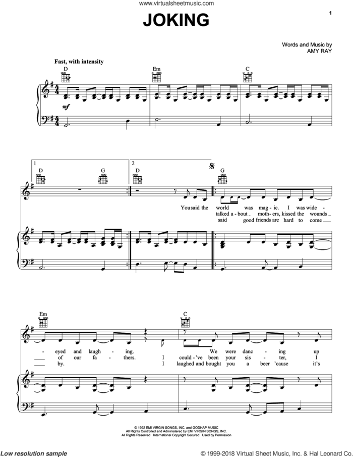 Joking sheet music for voice, piano or guitar by Indigo Girls and Amy Ray, intermediate skill level
