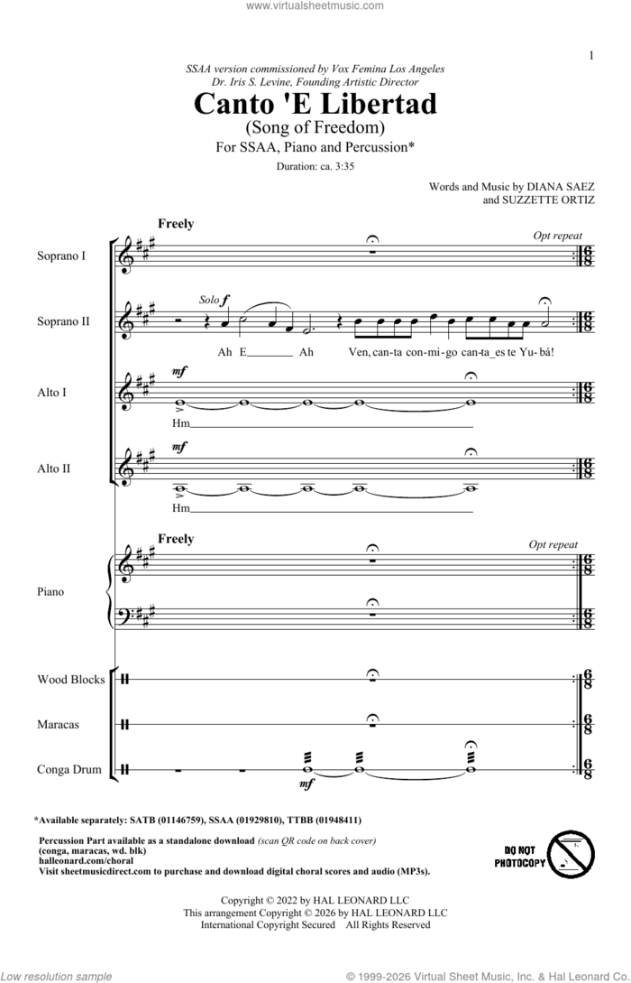 Canto' E Libertad sheet music for choir (SSAA: soprano, alto) by Suzzette Ortiz and Diana Saez, intermediate skill level