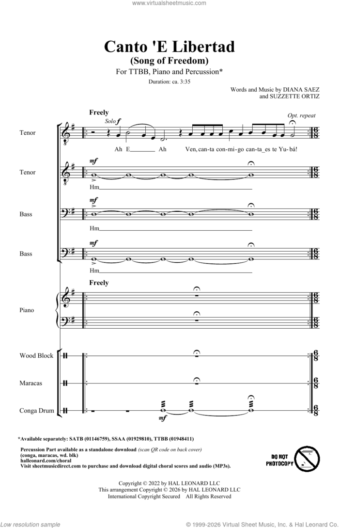 Canto' E Libertad sheet music for choir (TTBB: tenor, bass) by Suzzette Ortiz and Diana Saez, intermediate skill level