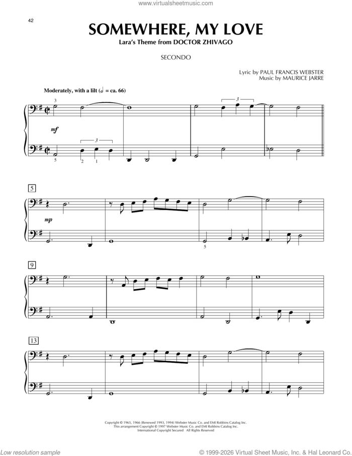 Somewhere, My Love (from Doctor Zhivago) sheet music for piano four hands by Paul Francis Webster and Maurice Jarre, intermediate skill level