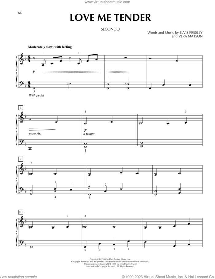 Love Me Tender sheet music for piano four hands by Elvis Presley and Vera Matson, intermediate skill level