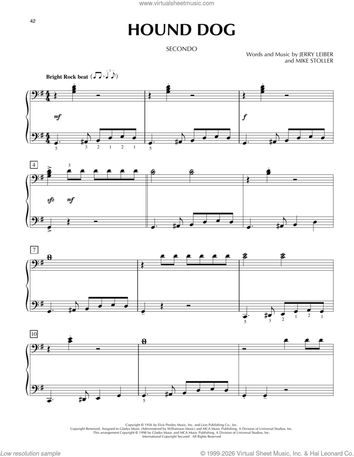 Hound Dog sheet music for piano four hands by Elvis Presley, Jerry Leiber and Mike Stoller, intermediate skill level