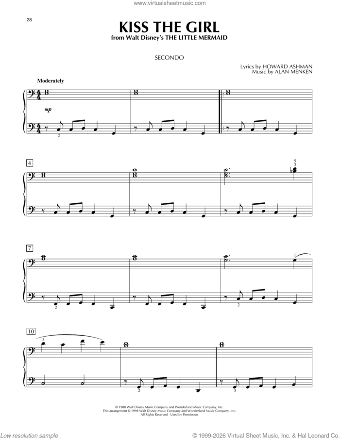 Kiss The Girl sheet music for piano four hands by Little Texas, Alan Menken and Howard Ashman, intermediate skill level