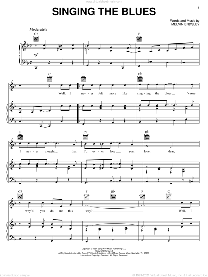 Singing The Blues sheet music for voice, piano or guitar by Guy Mitchell, Marty Robbins and Melvin Endsley, intermediate skill level