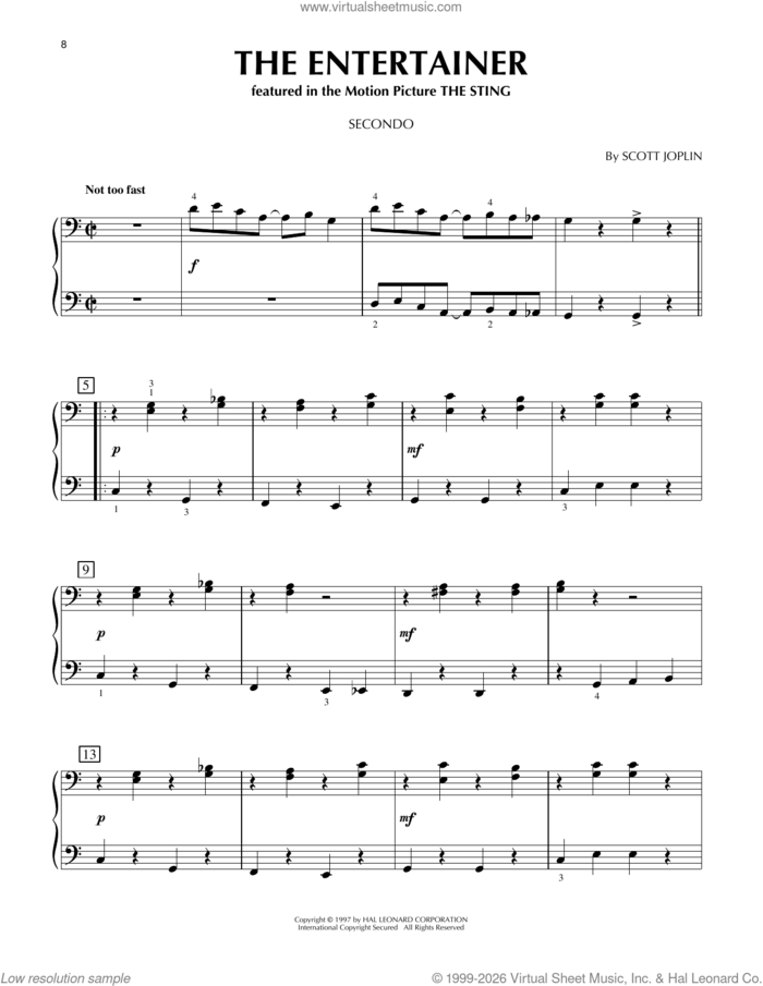 The Entertainer sheet music for piano four hands by Scott Joplin, classical score, intermediate skill level