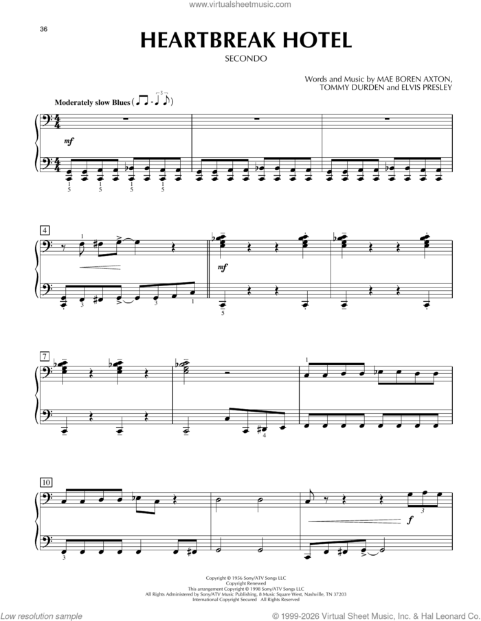 Heartbreak Hotel sheet music for piano four hands by Elvis Presley, Mae Boren Axton and Tommy Durden, intermediate skill level
