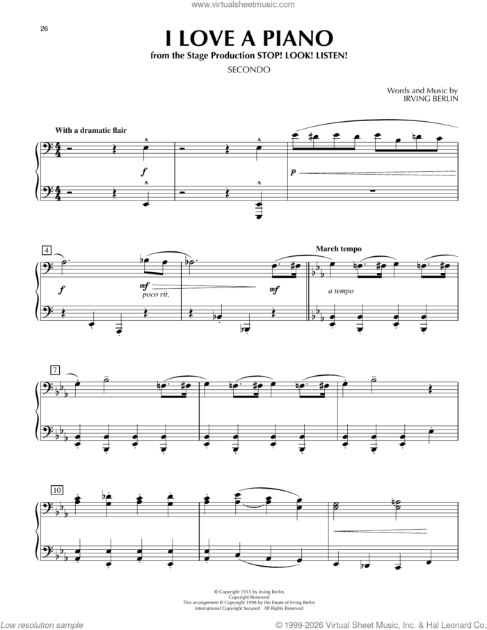 I Love A Piano (from Stop! Look! Listen!) sheet music for piano four hands by Irving Berlin, intermediate skill level